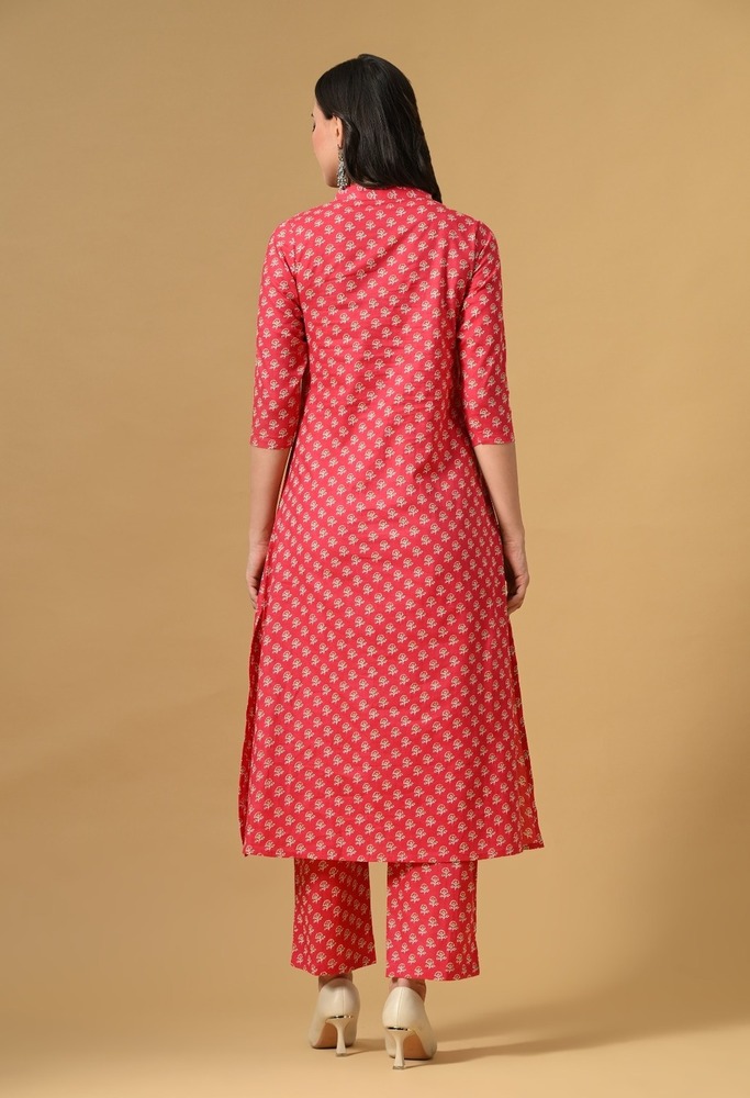 Women's Casual Ethnic Design Rayon Red Kurta Set with Pants