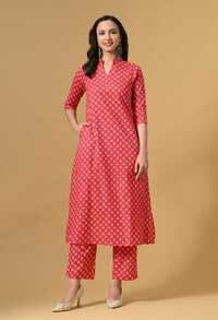 Women's Casual Ethnic Design Rayon Red Kurta Set with Pants