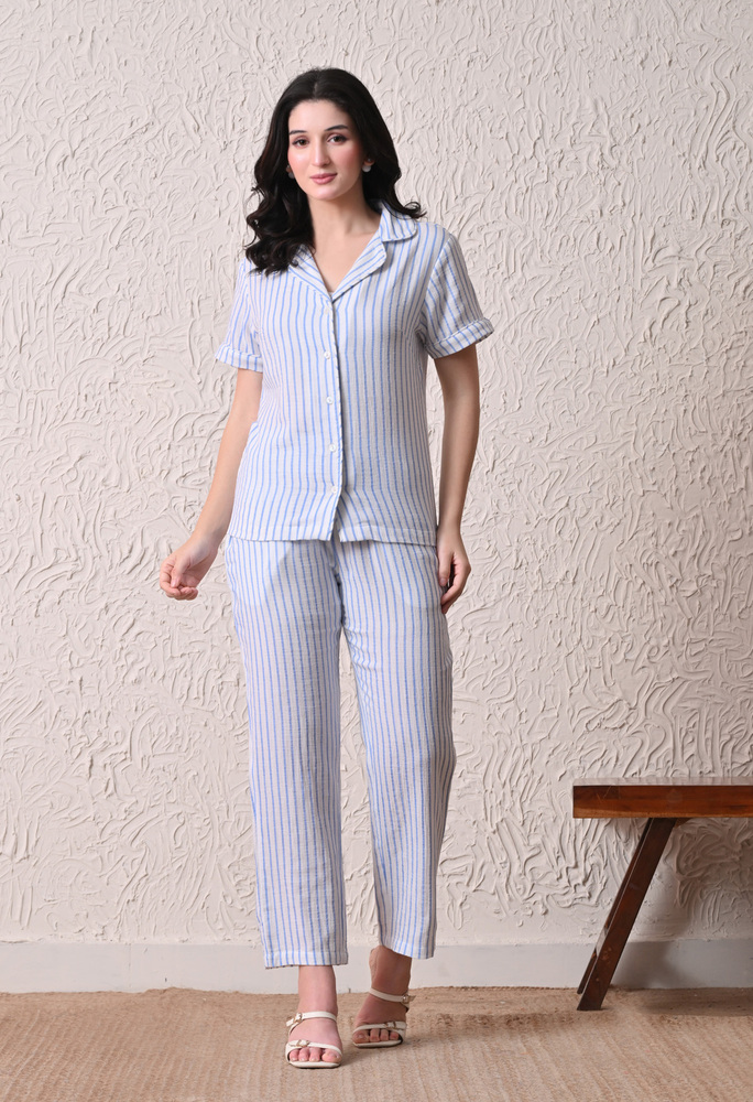 Women's Cotton Striped Night Suit Set With Pant