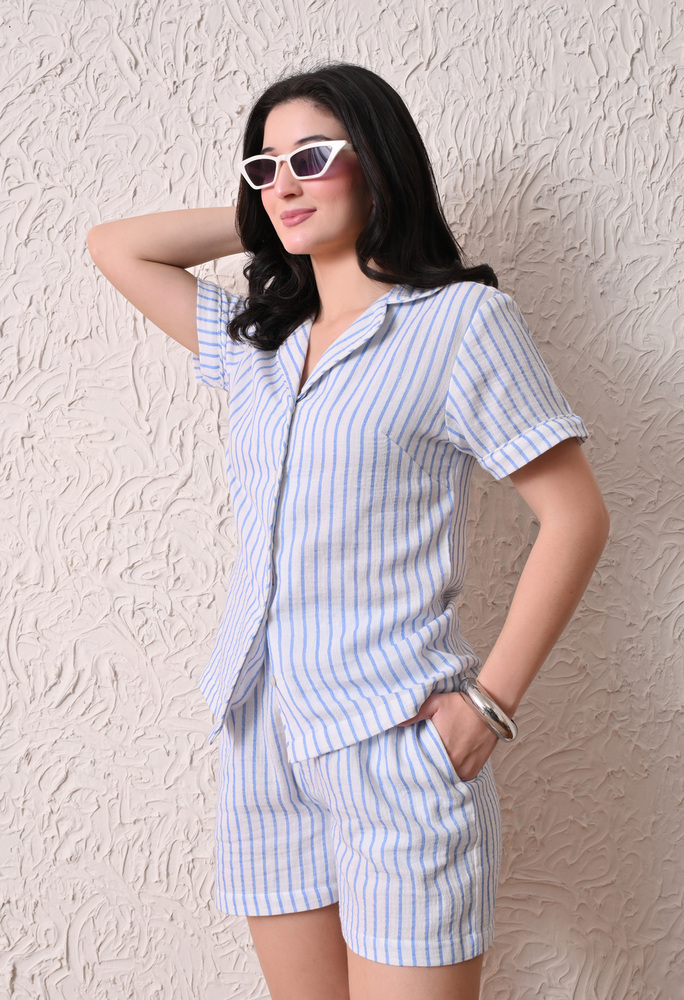 Women's Cotton Striped Night Suit Set With Shorts