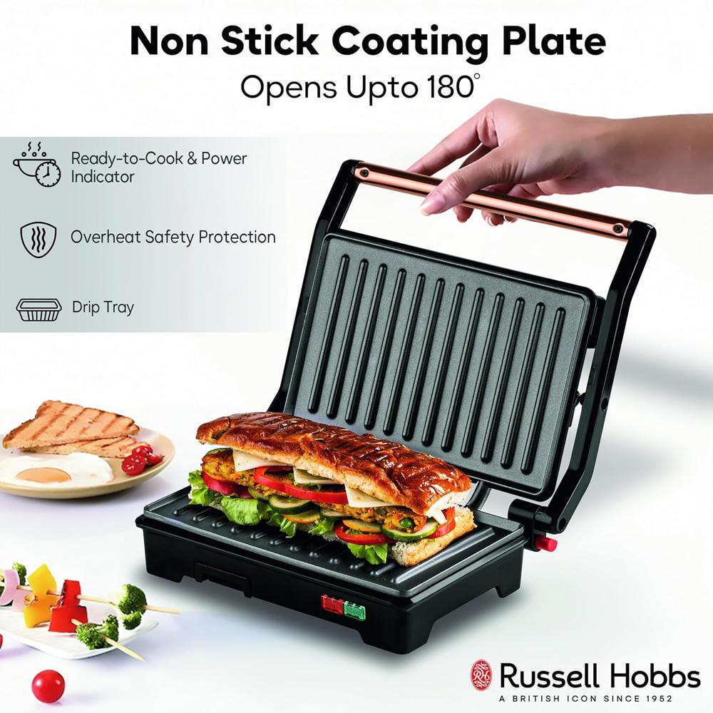 Russell Hobbs Electric Grill Sandwich Maker | Non-Stick Coating | Full Flat Toaster Griller 