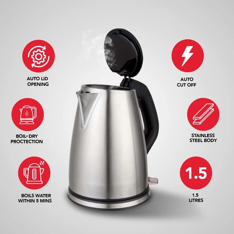 Sharp Electric Jug Kettle - Stainless Steel, Standard Size, Silver/black | 1.5l, Cordless, 360-degree Swivel Base, Auto Cut-off, Boil-dry Protection