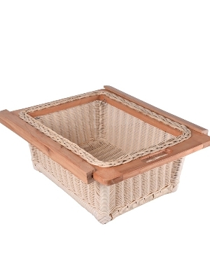 8 Inch Wicker Basket - Handwoven Wicker with Smooth Wooden Rim, Natural Beige, Rectangular, Lightweight, Stackable
