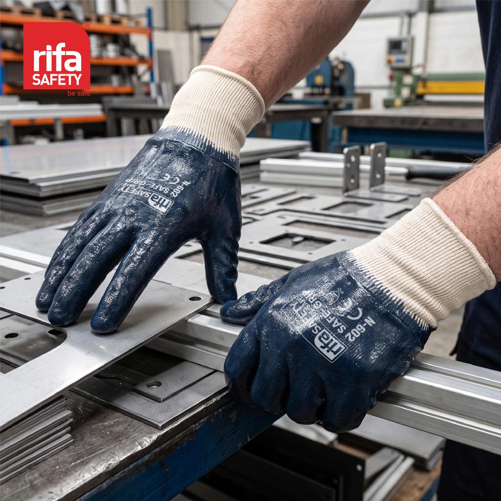 Rifa Safety N602 Heavy Duty Nitrile Dipped Industrial Gloves with Hosiery Cuff (Cut Level 1)