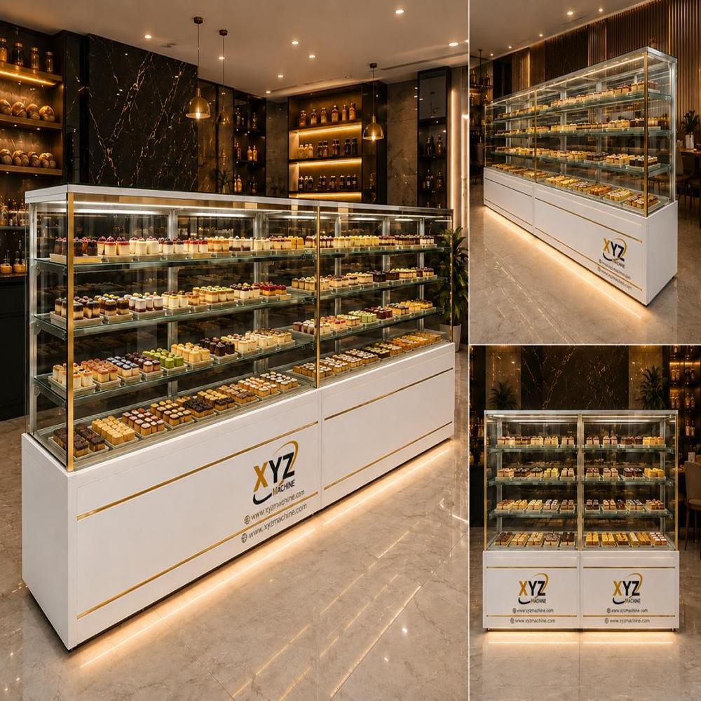 Sweet Display Counter - Tempered Glass Stainless Steel 5ft x 4ft White & Wood Finish | LED Lighting Lockable Wheels 360-Degree Visibility
