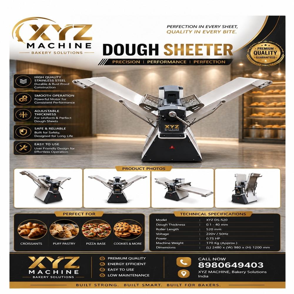 Dough Sheeter - Stainless Steel & Alloy Steel 1700x880x1300 mm Silver & Black | Adjustable Roller Pressure Food Grade PVC Conveyor Foldable Side Tables