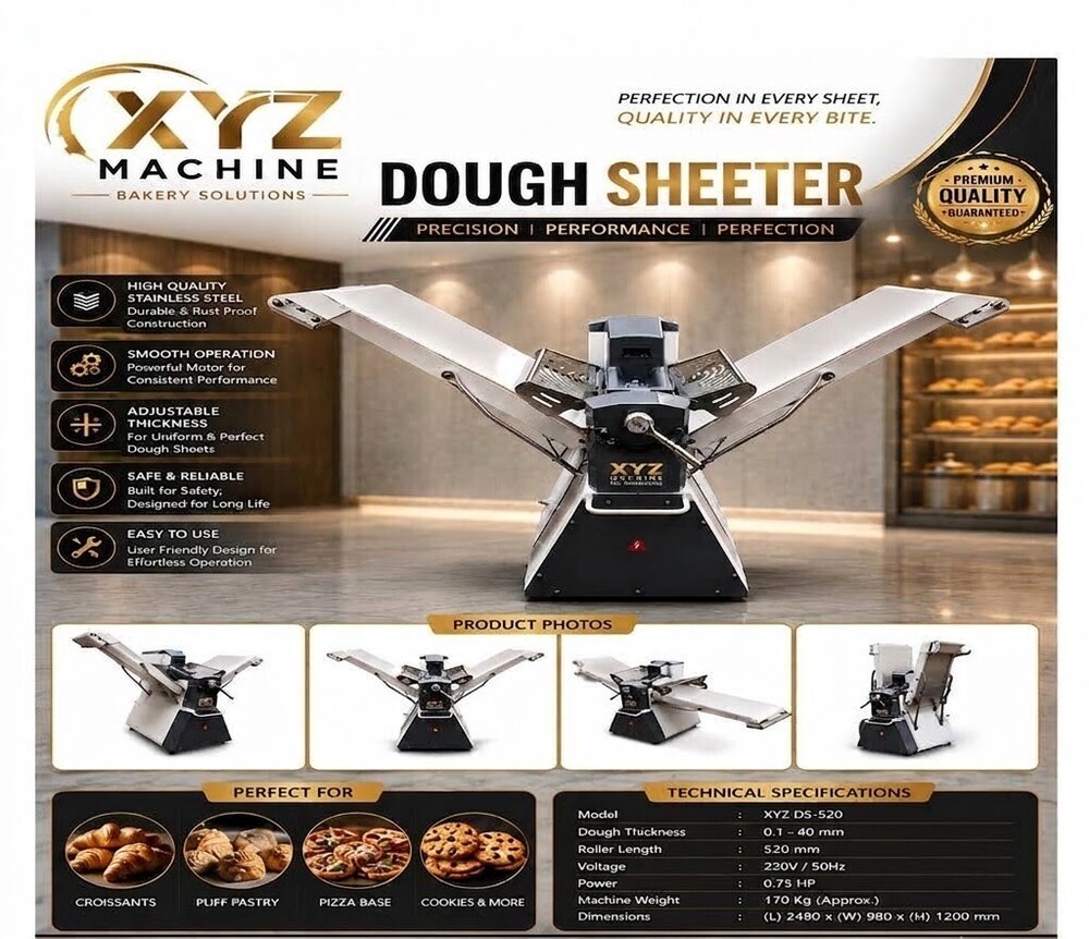 Dough Sheeter - Stainless Steel & Alloy Steel, 1700x880x1300 mm, Silver & Black | Adjustable Roller Pressure, Food Grade PVC Conveyor, Foldable Side Tables