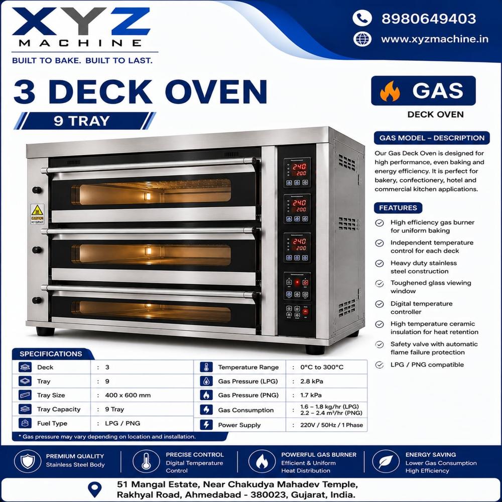 3 Deck 9 Tray Oven - Stainless Steel 1200x900x1580 mm Electric Heating | Multi-Position Thermostats Toughened Glass Doors Lockable Castors
