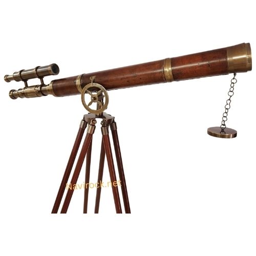 Nautical Brass Double Barrel Telescope Antique Finish Brown Premium Leather Covered Tube