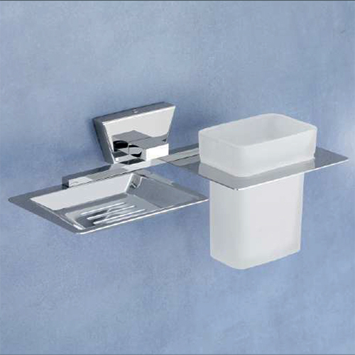 AC 509 Soap Dish With TBH - Stainless Steel/Brass, 200x110x90mm, Silver & White | Chrome Plated, Slotted Drainage, Frosted Acrylic Tumbler