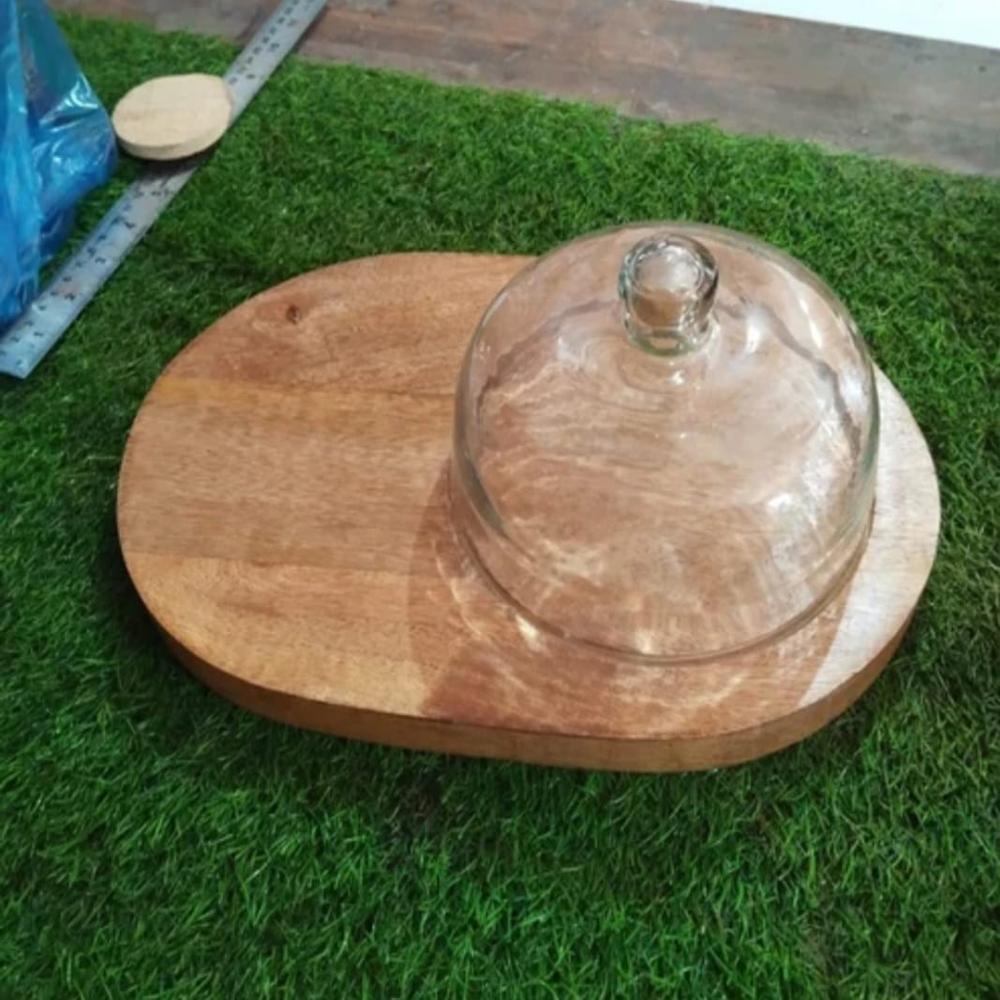 6" Glass Dome With Wooden Platter - Color: Transparent