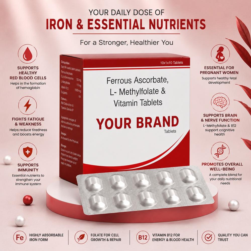 Ferrous Ascorbate L Methylfolate Vitamin Tablets - Brand Name: Oem Private Label
