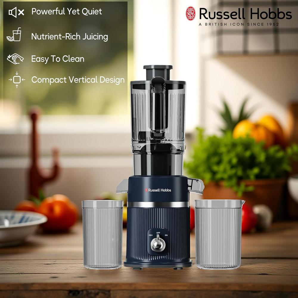 Russell Hobbs 200W Vitality Lite Power Slow Juicer | Compact Vertical, Copper Motor, 110 mm Ultra-Wide Chute | Reverse Function, Quiet, 60 RPM High Yield, Easy-Clean with Large Pulp Jug | RJE200V