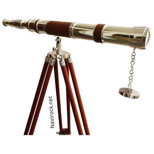 Vintage Floor Standing Brass Telescope Shiny Finish Adjustable Wooden Tripod 