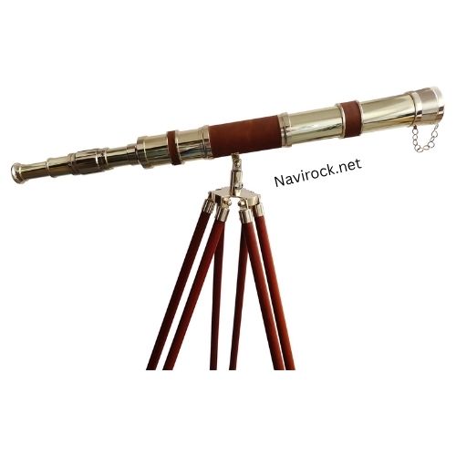 Vintage Floor Standing Brass Telescope Shiny Finish Adjustable Wooden Tripod 
