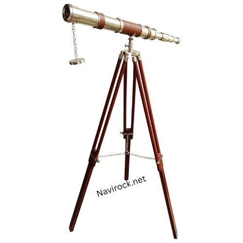 Vintage Floor Standing Brass Telescope Shiny Finish Adjustable Wooden Tripod 