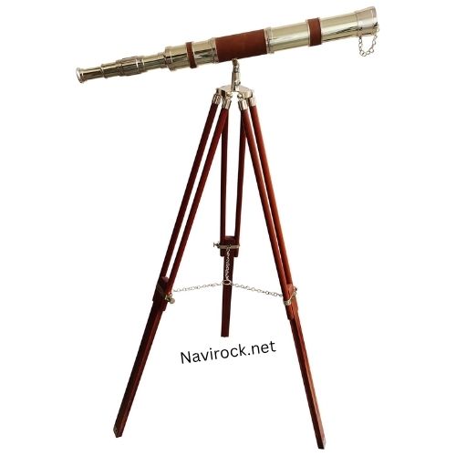 Vintage Floor Standing Brass Telescope Shiny Finish Adjustable Wooden Tripod 