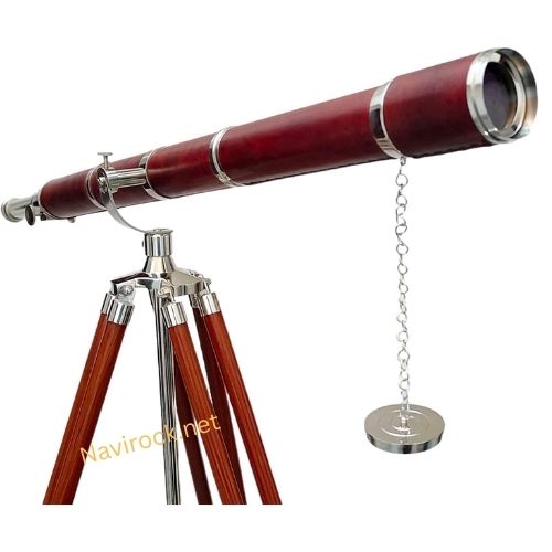 Nautical Vintage Royal Brass Nickel Chrome Finish Telescope Orange Leather Covered 