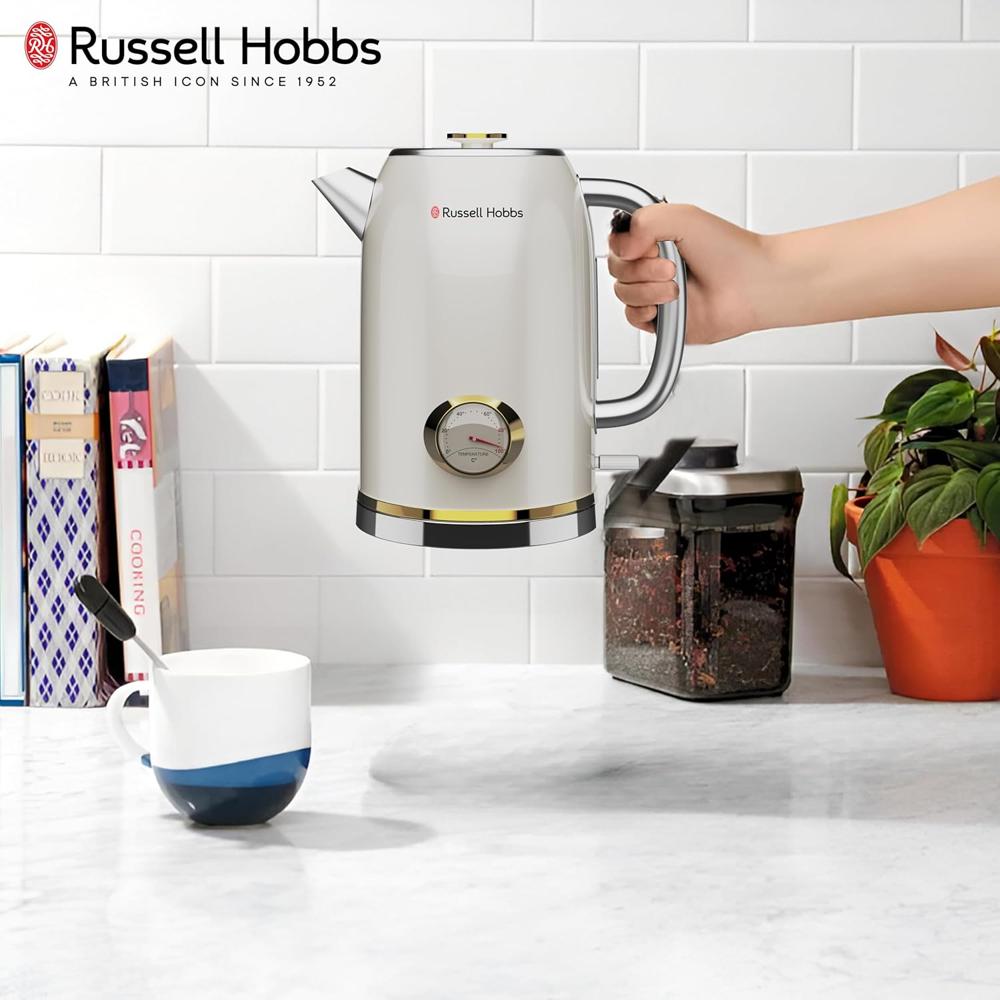 Russell Hobbs TrueTemp 1.8L 1500W Retro Electric Kettle | Fast Boil, Stainless Steel, Analog Temp Display Dial, Wide Mouth | Cool-Touch Handle, Auto Shut-Off, Boil Dry Protection | RJK1800