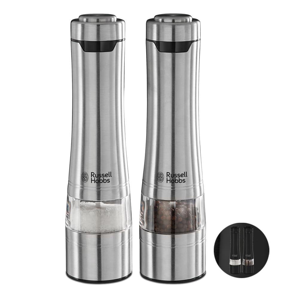 Russell Hobbs 23460-56 Battery Powered Salt and Pepper Grinders, Stainless Steel Silver | Fully adjustable for fine or coarse grinding | 2 YEAR GUARANTEE