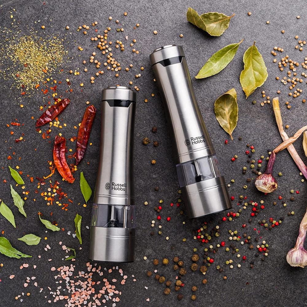 Russell Hobbs 23460-56 Battery Powered Salt and Pepper Grinders, Stainless Steel Silver | Fully adjustable for fine or coarse grinding | 2 YEAR GUARANTEE