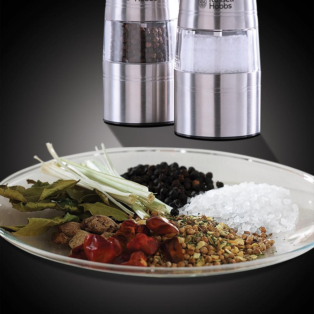 Russell Hobbs 23460-56 Battery Powered Salt and Pepper Grinders, Stainless Steel Silver | Fully adjustable for fine or coarse grinding | 2 YEAR GUARANTEE