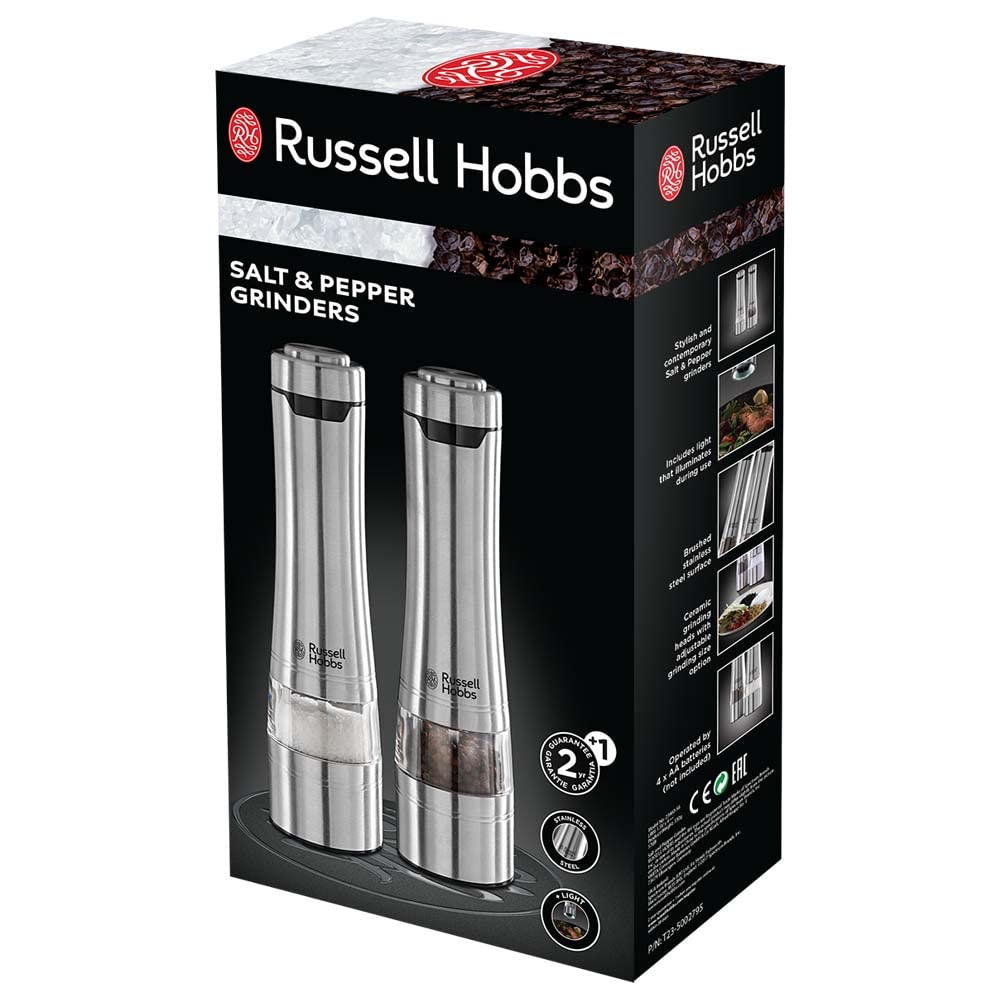 Russell Hobbs 23460-56 Battery Powered Salt and Pepper Grinders, Stainless Steel Silver | Fully adjustable for fine or coarse grinding | 2 YEAR GUARANTEE
