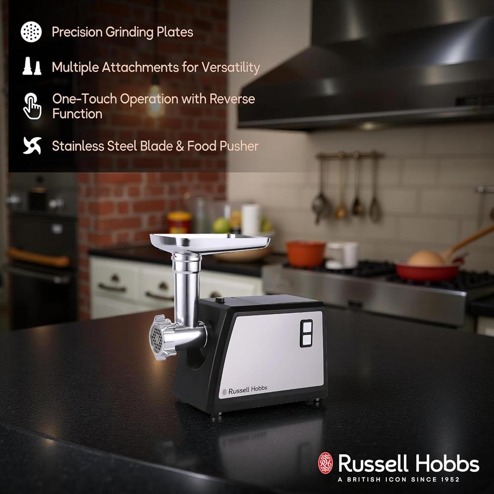 Russell Hobbs MeatMaster RMG2000 2000W Electric Meat Grinder & Mincer | 3 Cutting Plates | Sausage Maker & Kibbe Kit | 