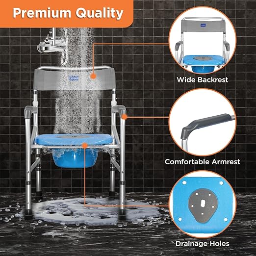 Vissco Comfort 3 in 1 Foldable Commode Shower Chair (Height Adjustable+Can roll over toilet WC), Available with and without wheels, Washable & Long lasting, Weight Bearing Upto 100kg -Universal(Grey)