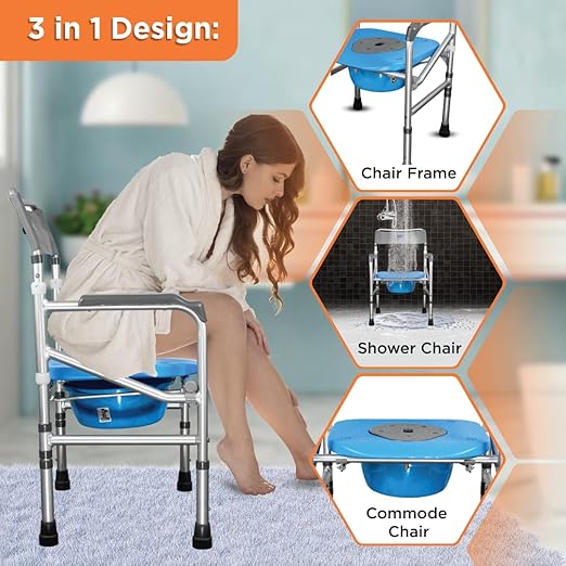 Vissco Comfort 3 in 1 Foldable Commode Shower Chair (Height Adjustable+Can roll over toilet WC), Available with and without wheels, Washable & Long lasting, Weight Bearing Upto 100kg -Universal(Grey)