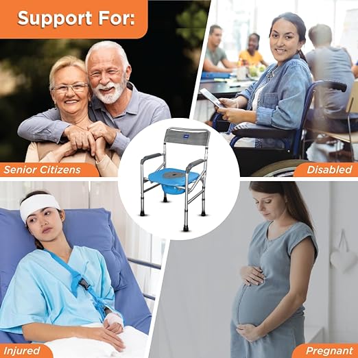 Vissco Comfort 3 in 1 Foldable Commode Shower Chair (Height Adjustable+Can roll over toilet WC), Available with and without wheels, Washable & Long lasting, Weight Bearing Upto 100kg -Universal(Grey)