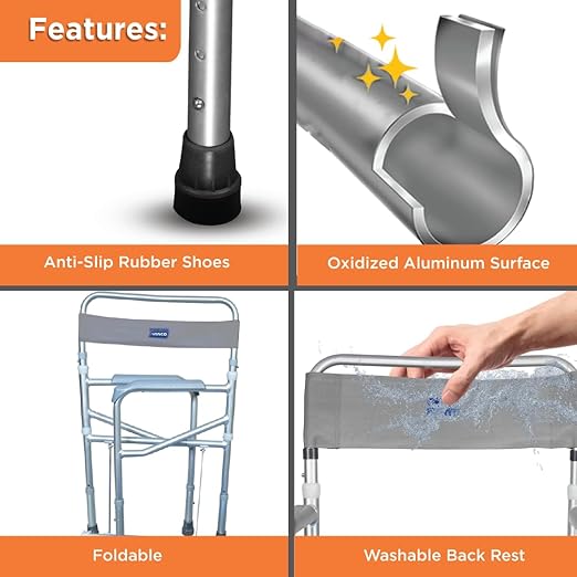 Vissco Comfort 3 in 1 Foldable Commode Shower Chair (Height Adjustable+Can roll over toilet WC), Available with and without wheels, Washable & Long lasting, Weight Bearing Upto 100kg -Universal(Grey)