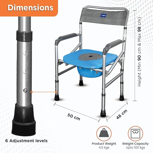 Vissco Comfort 3 in 1 Foldable Commode Shower Chair (Height Adjustable+Can roll over toilet WC), Available with and without wheels, Washable & Long lasting, Weight Bearing Upto 100kg -Universal(Grey)