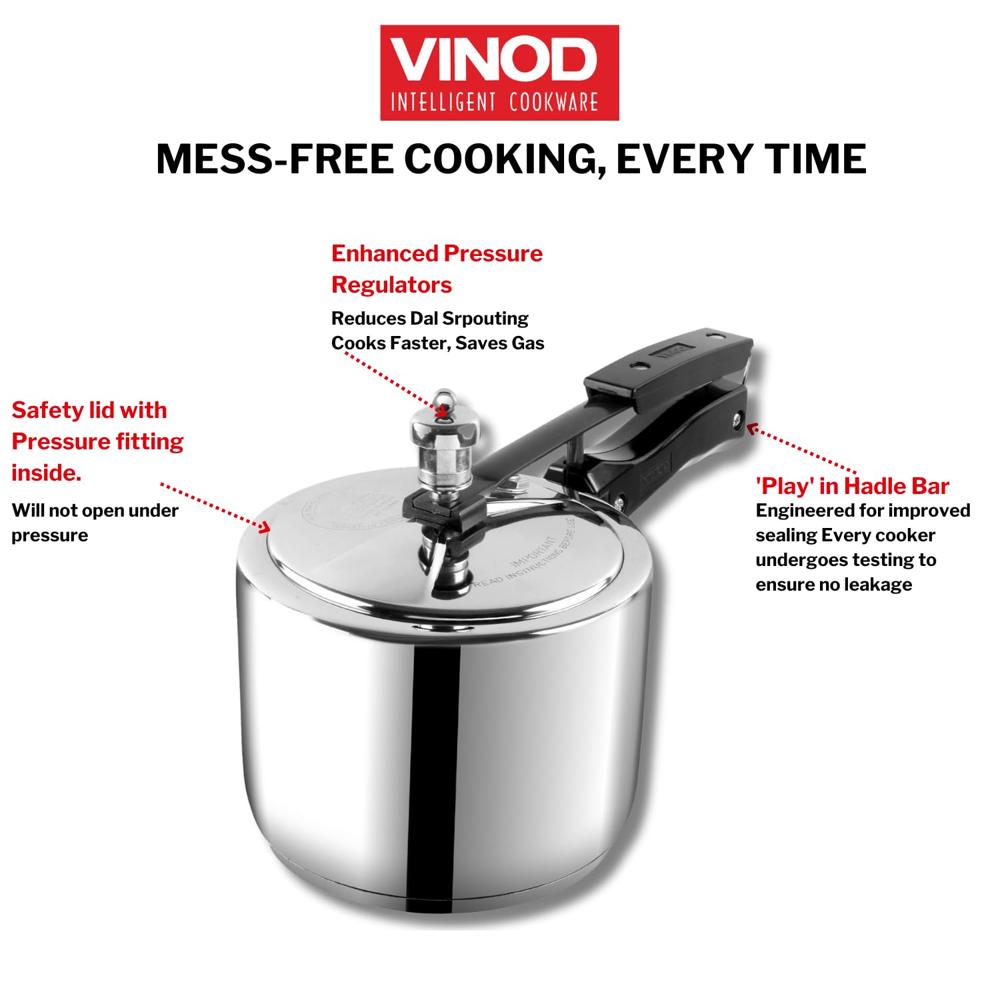 Vinod Stainless Steel Inner Lid Pressure Cooker - 3 Litre | Sandwich Bottom Cooker | Induction and Gas Base | ISI and CE Certified - 2 Years Warranty