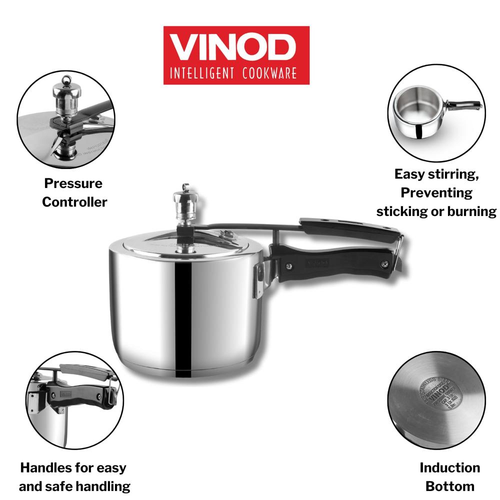 Vinod Stainless Steel Inner Lid Pressure Cooker - 3.5 Litre | Sandwich Bottom Cooker | Induction and Gas Base | ISI and CE Certified - 2 Years Warranty