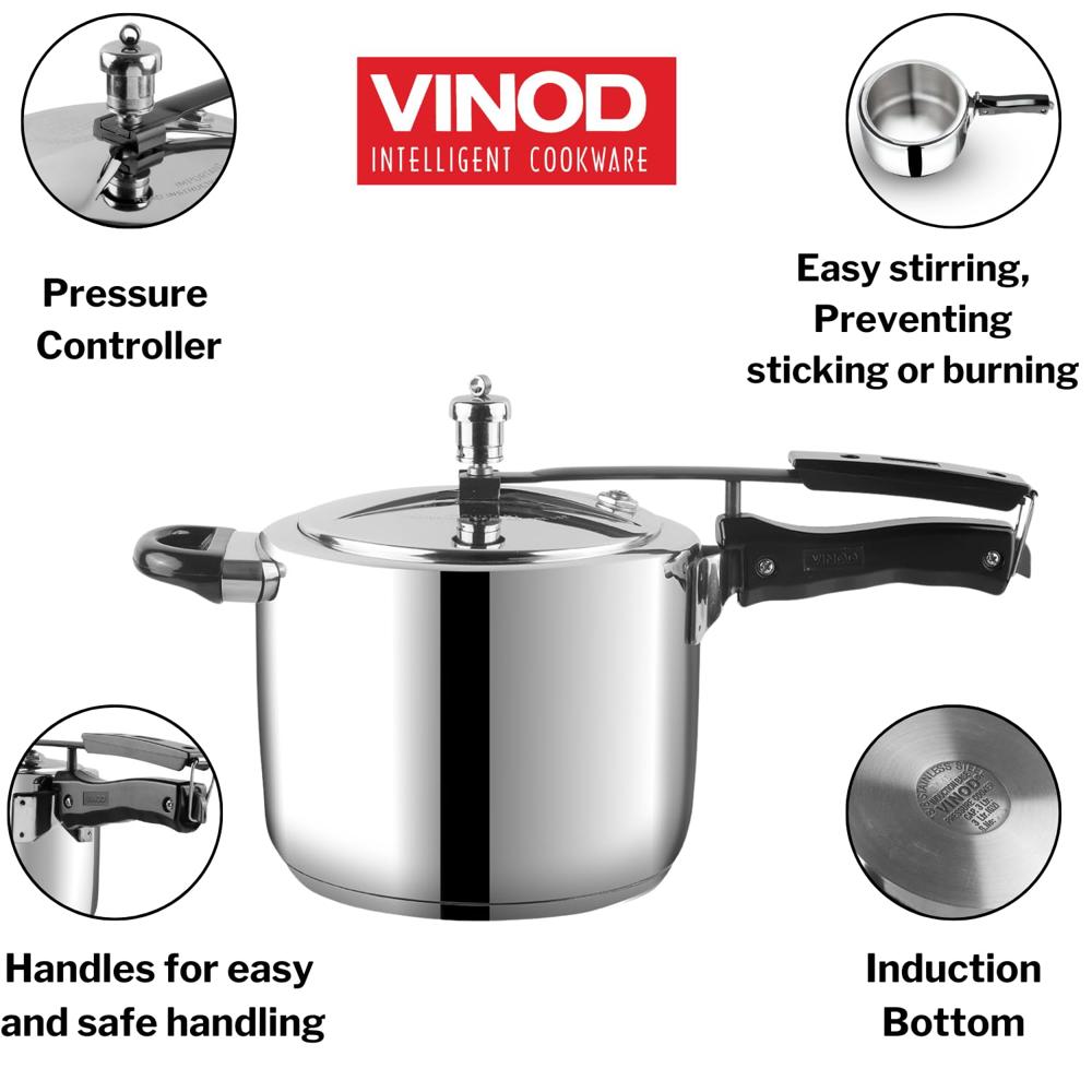 Vinod Stainless Steel Inner Lid Pressure Cooker - 5 Litre | Sandwich Bottom Cooker | Induction and Gas Base | ISI and CE Certified - 2 Years Warranty