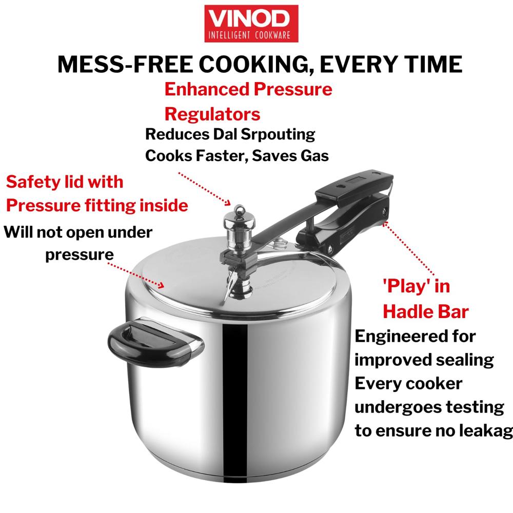 Vinod Stainless Steel Inner Lid Pressure Cooker - 5.5 Litre | Sandwich Bottom Cooker | Induction and Gas Base | ISI and CE Certified - 2 Years Warranty