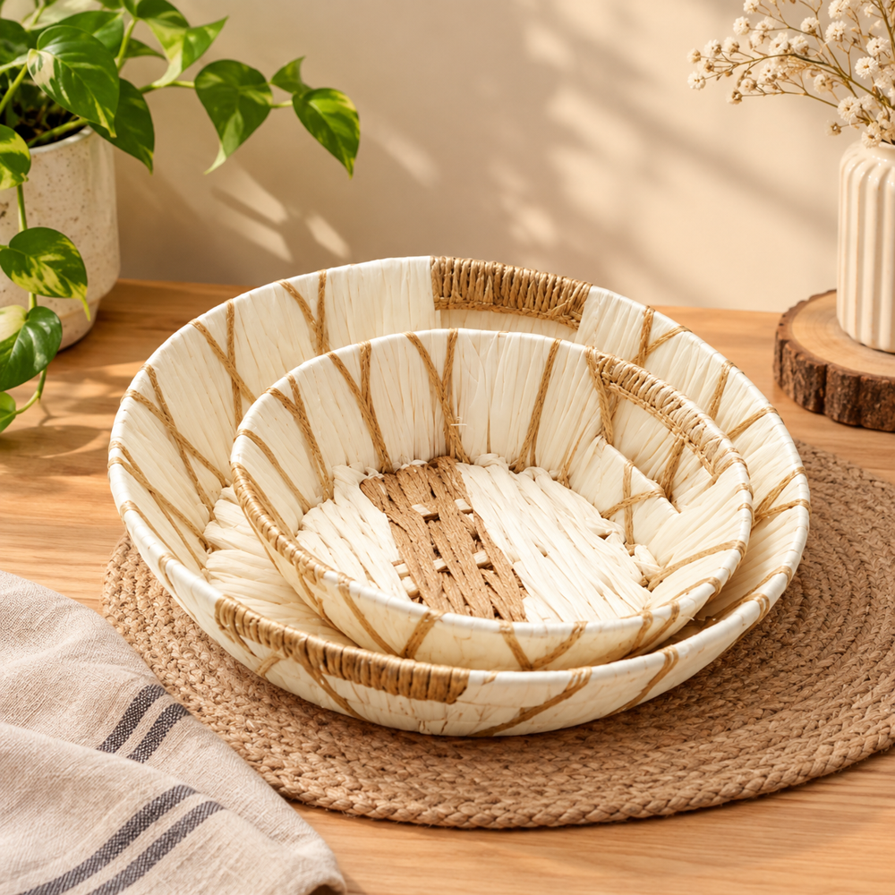 Handmade Raffia Basket - Raffia Paper Rope, Medium 18-22 cm, Natural Beige, Lightweight Matte Woven
