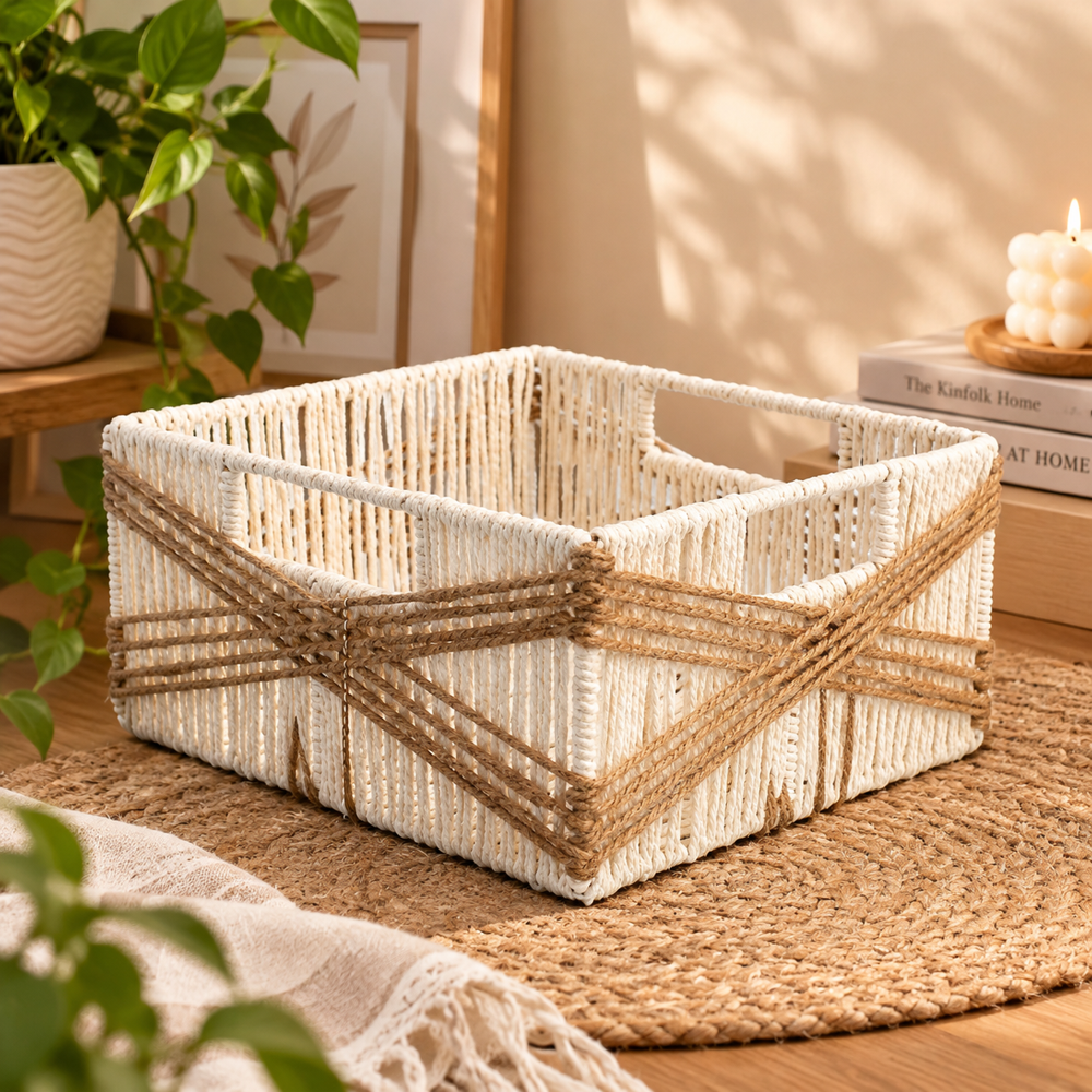 Designer Hamper Basket - Raffia & Paper Rope, 8x8 Inch, Ivory & Natural Brown | Handcrafted, Eco-Friendly, Cross Rope Detailing