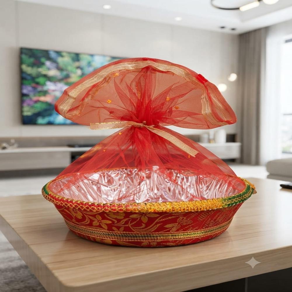 Plastic Basket For Gift Hampers - Decorative Plastic, 7x7 Inch, Multi-color, Embroidered Border, Transparent Net Cover