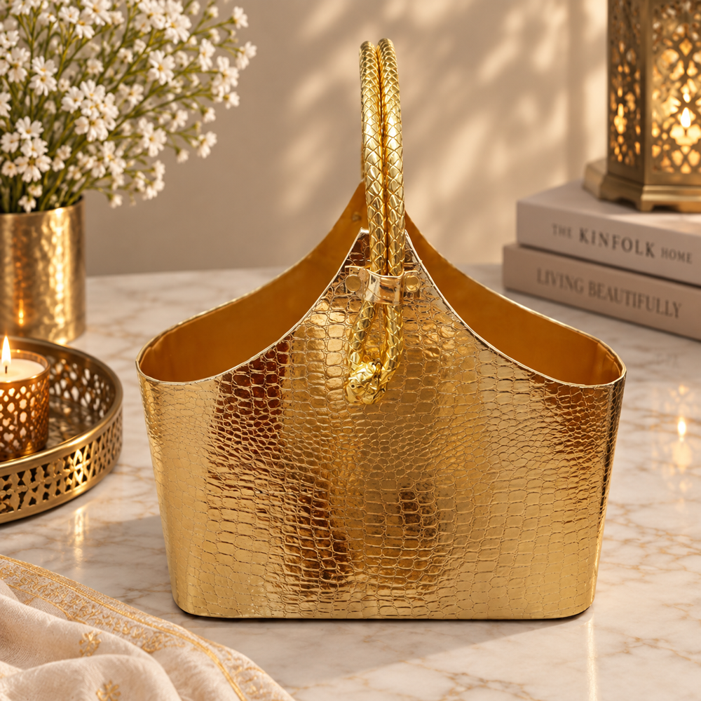 Gift Hamper Bags - Jute Fabric, Medium Size, Natural Beige, 250 GSM | Braided Gold Handle, Foldable, Eco-Friendly, Textured Finish