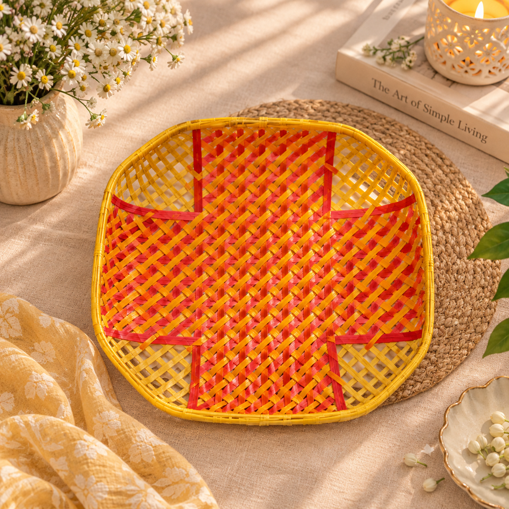 Bamboo Gift Basket - 10x10x3 Inches, Yellow Red | Handmade, Reusable, Stackable, Multicolor Woven Design