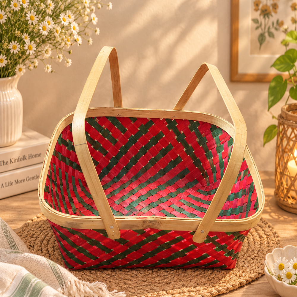 Bamboo Basket With Handle - Bamboo 10x10x4 Inches Red Green Smooth Finish Double Handle Handwoven Storage Basket