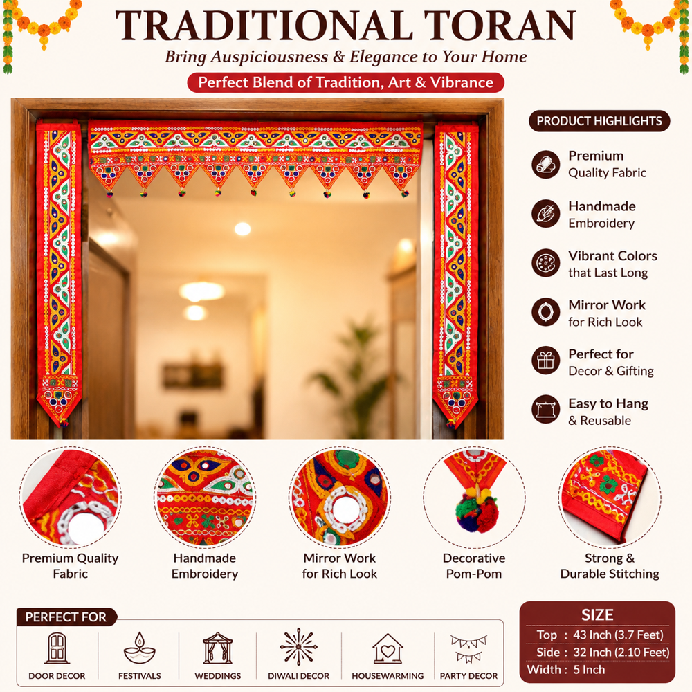 Krishna Handloom Embroidery Toran For Home Entrance B 16 - Color: Red