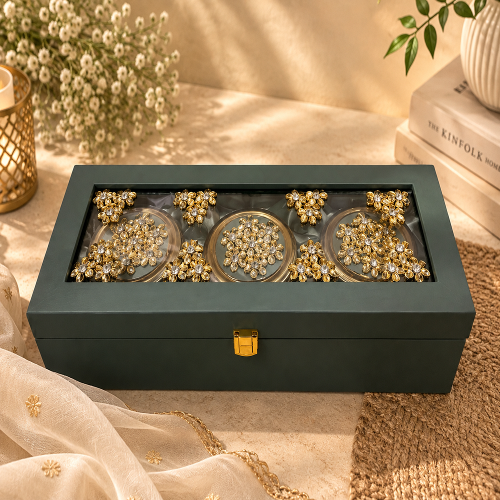 3 Jar Dry Fruit Gift Hamper Box - MDF Multicolor, Enamel & Metallic Finish, Satin Lined Interior, Palace Motif Design