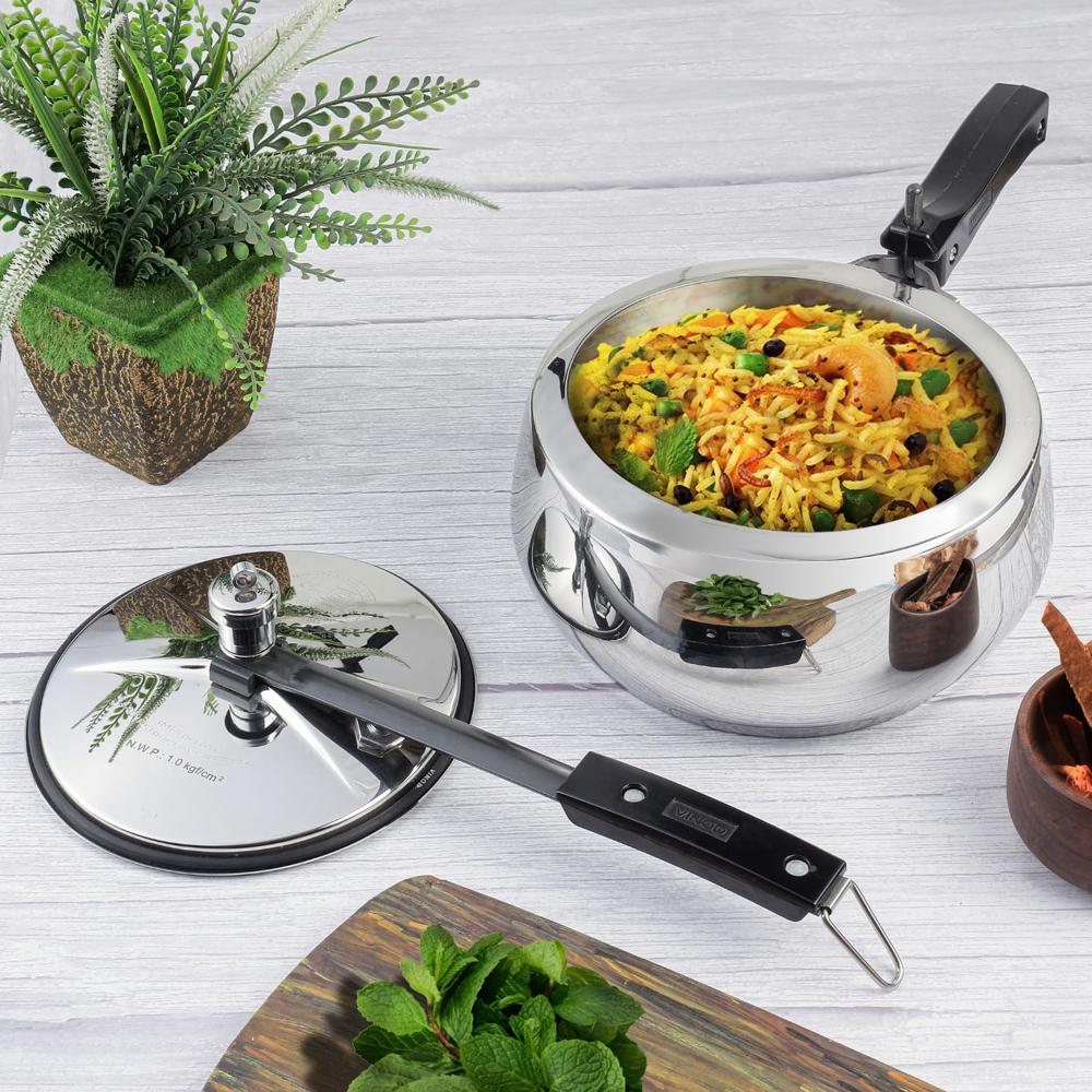 Vinod Europa 2 Litre Stainless Steel Handi Pressure Cooker | Induction & Gas Compatible | Sandwich Bottom | Inner Lid, ISI & CE Certified | Durable Pressure Cooker with 2-Year Warranty