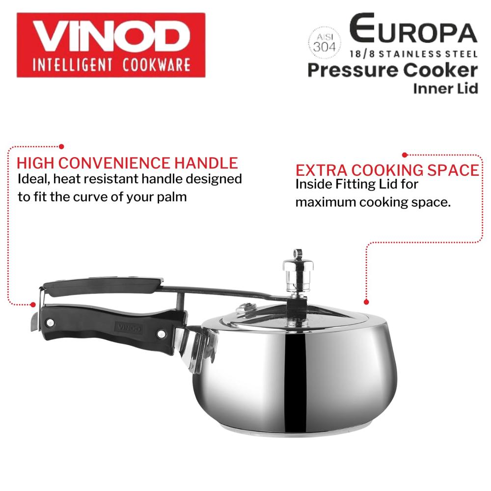 Vinod Europa 2 Litre Stainless Steel Handi Pressure Cooker | Induction & Gas Compatible | Sandwich Bottom | Inner Lid, ISI & CE Certified | Durable Pressure Cooker with 2-Year Warranty