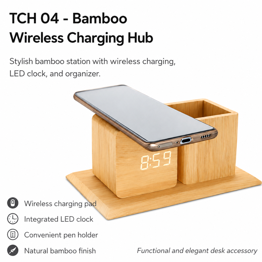 Bamboo Wireless Charging Hub with LED Clock & Pen Holder