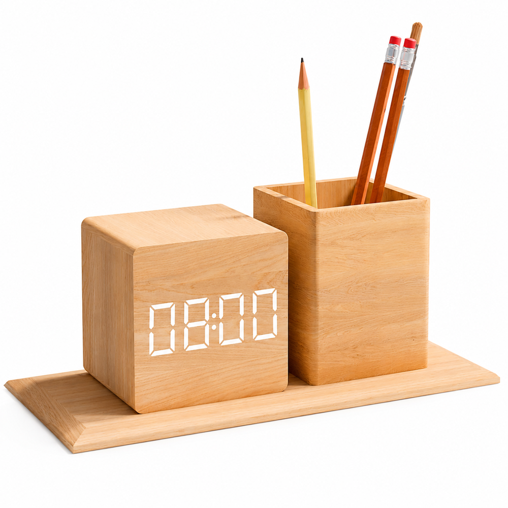 Bamboo Wireless Charging Hub with LED Clock & Pen Holder