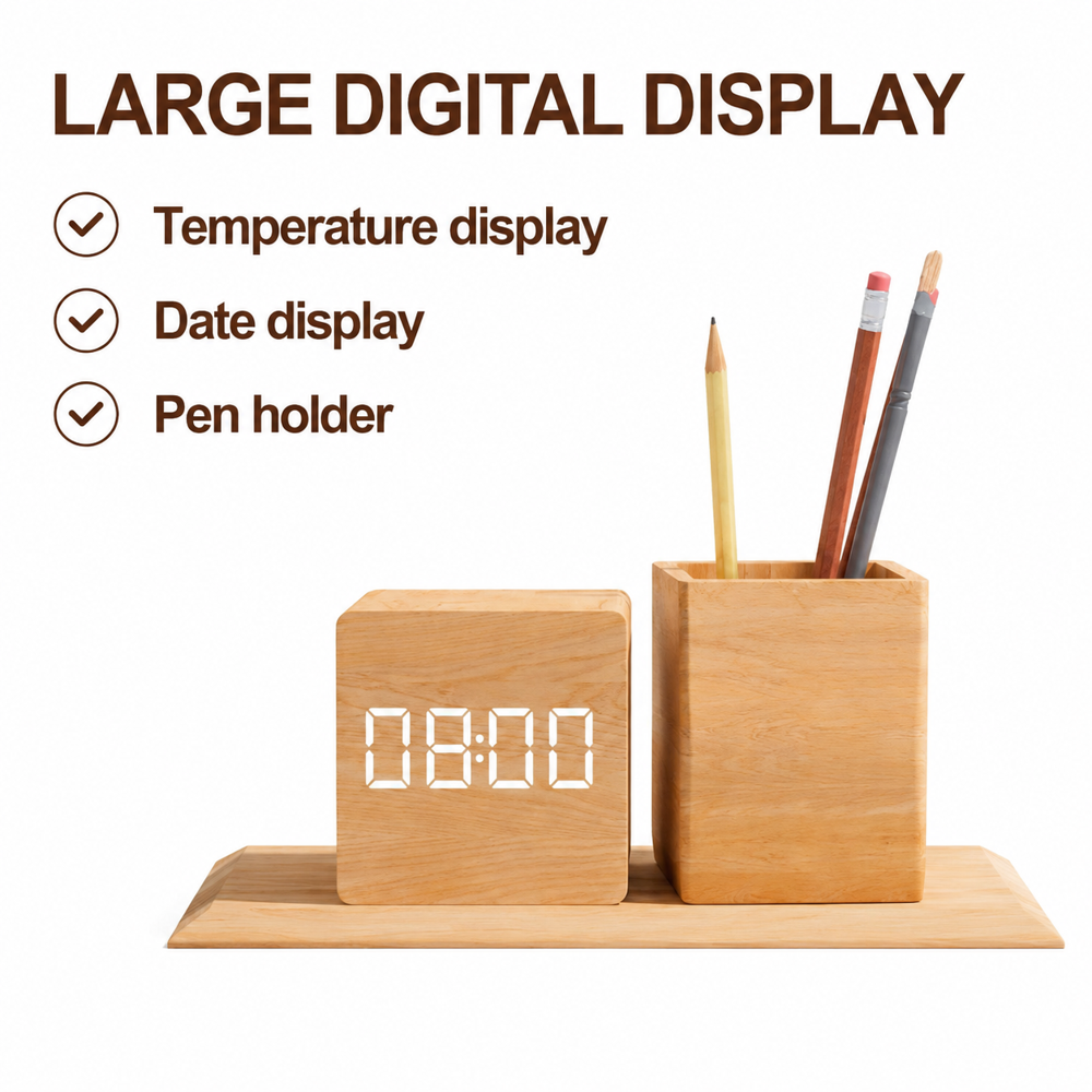 Bamboo Wireless Charging Hub with LED Clock & Pen Holder